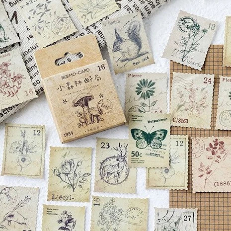 Set of 45pcs Gorgeous Boxed Stickers – Vintage Flowers, Mushrooms, Clock Vintage, Green Trees