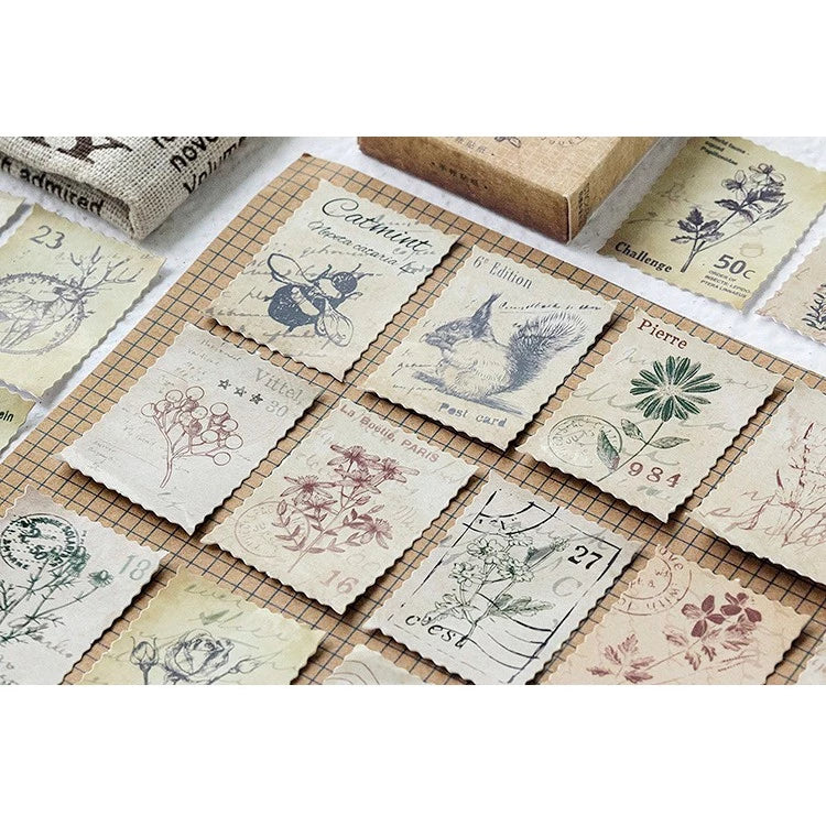 Set of 45pcs Gorgeous Boxed Stickers – Vintage Flowers, Mushrooms, Clock Vintage, Green Trees