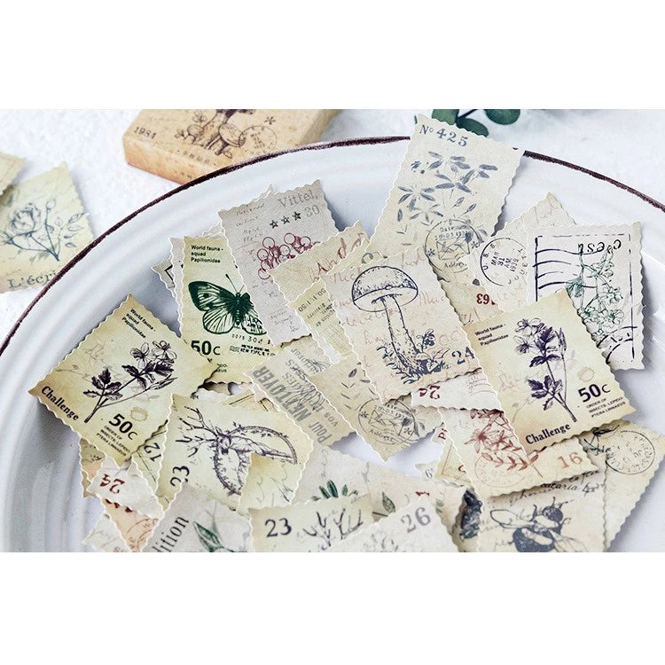 Set of 45pcs Gorgeous Boxed Stickers – Vintage Flowers, Mushrooms, Clock Vintage, Green Trees