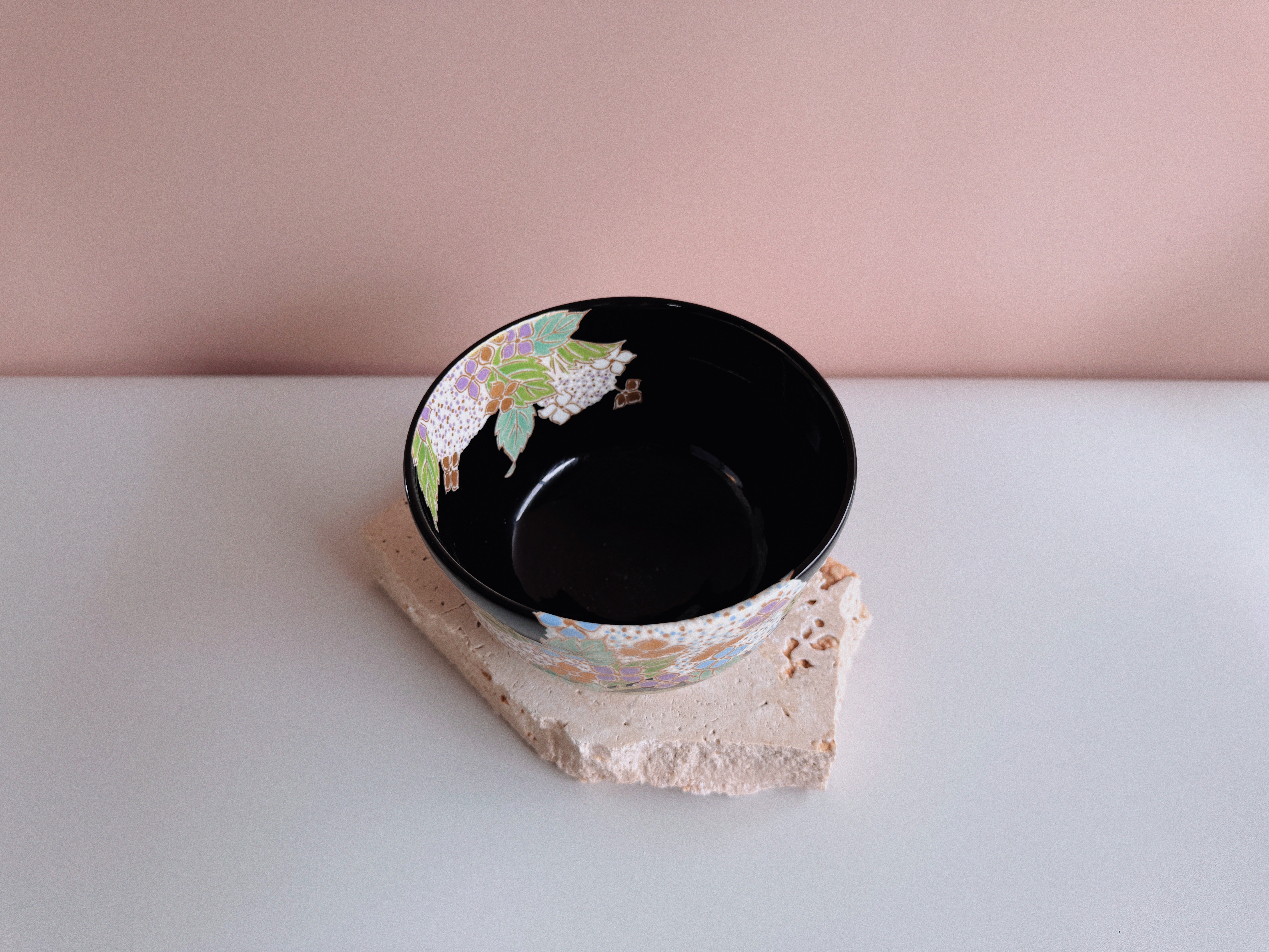 Black Chawan with Hydrangea Motif