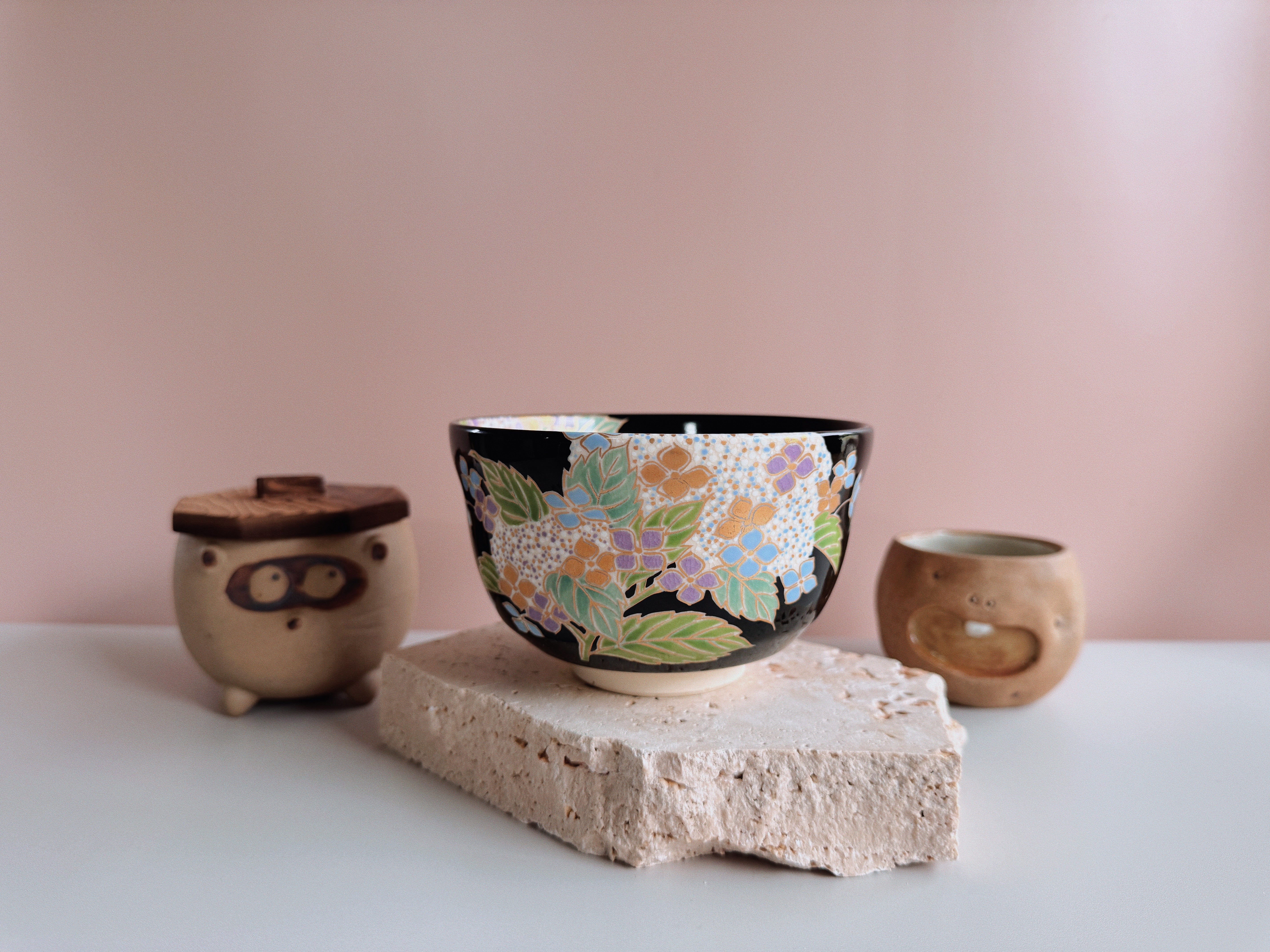 Black Chawan with Hydrangea Motif
