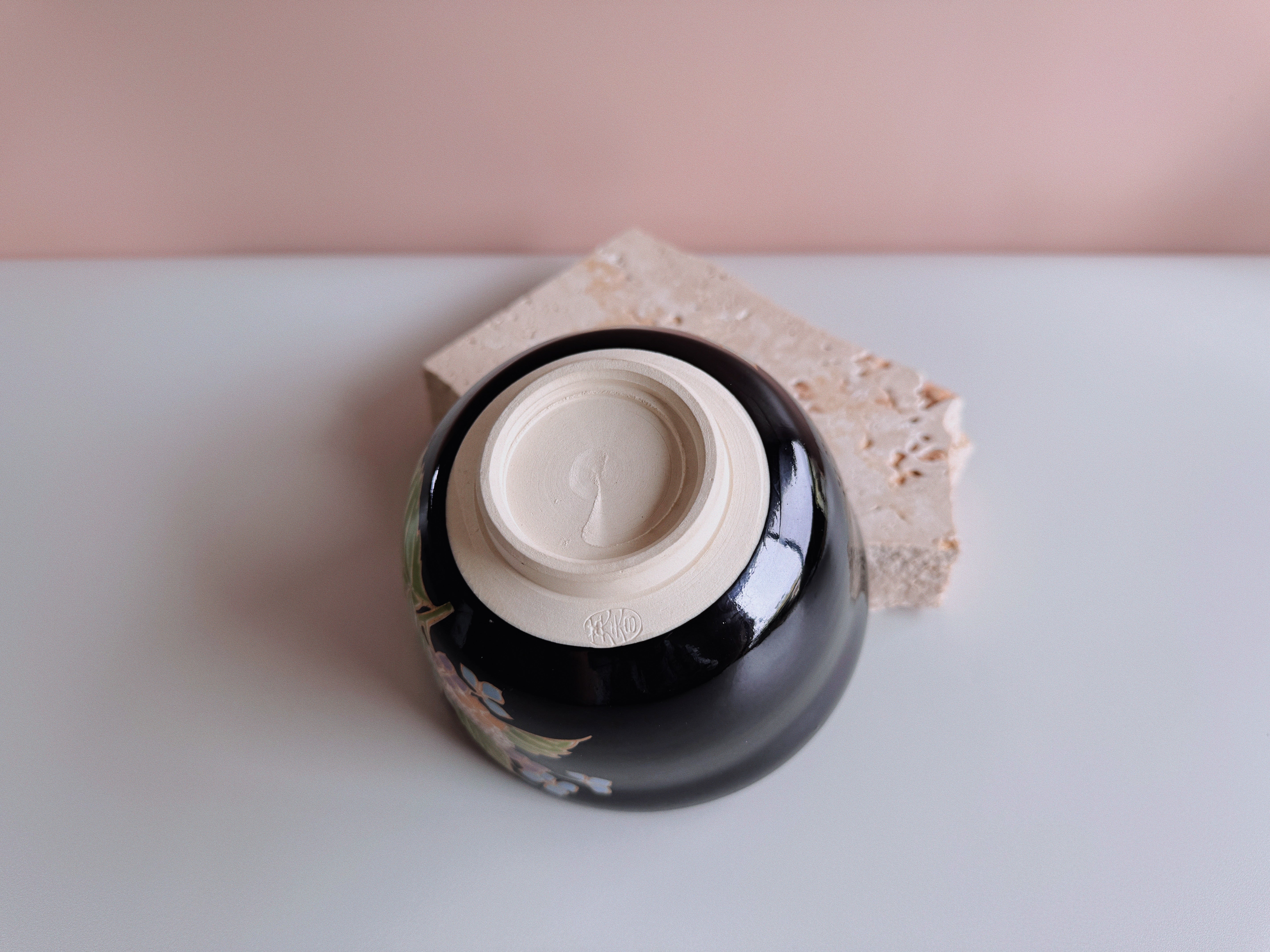 Black Chawan with Hydrangea Motif