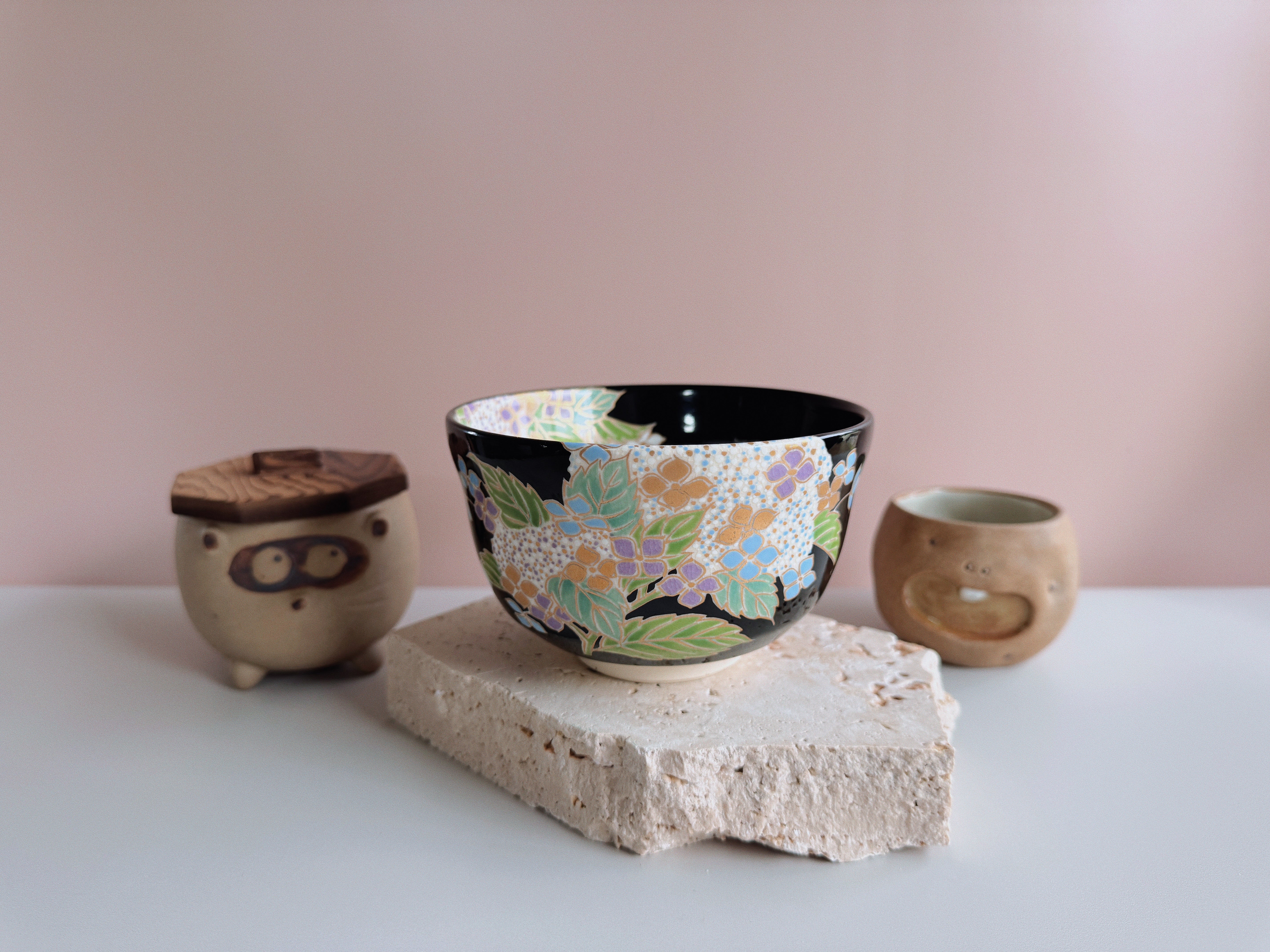 Black Chawan with Hydrangea Motif