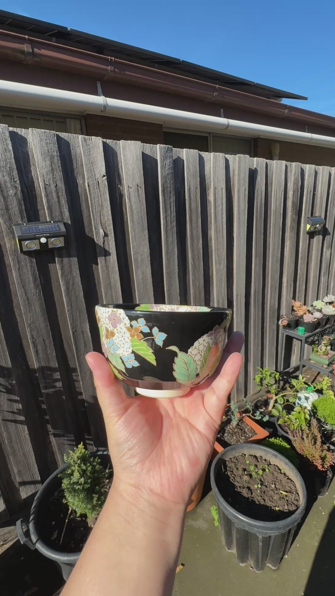 Black Chawan with Hydrangea Motif