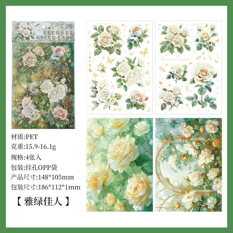 4 Sheets/ Pack Vintage Rose Flower Nature Themed Transparent Stickers - Decorative Decals for Diary