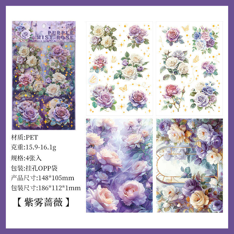 4 Sheets/ Pack Vintage Rose Flower Nature Themed Transparent Stickers - Decorative Decals for Diary