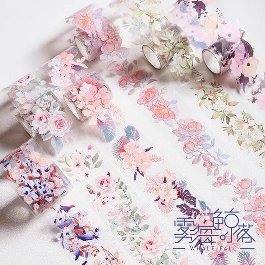 Set of 5/6 Rolls of Transparent Washi Tape with Romantic Floral Pattern