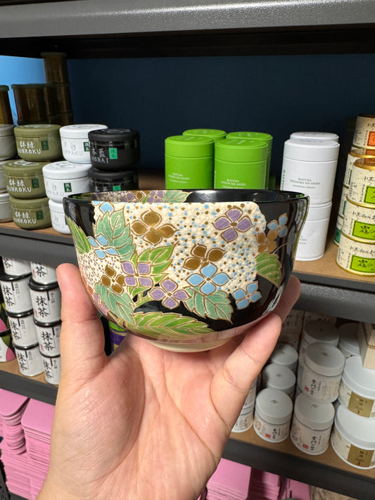 Black Chawan with Hydrangea Motif