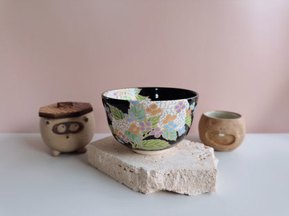 Black Chawan with Hydrangea Motif