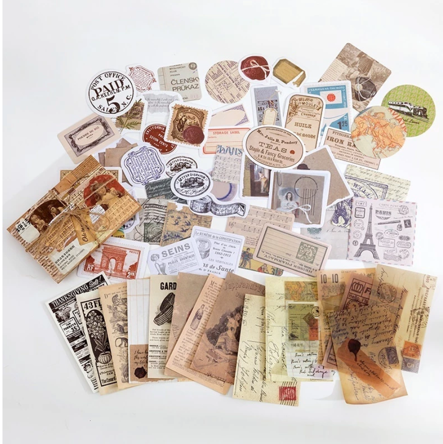 Set of 60 Stickers Mixed with VINTAGE Background Paper