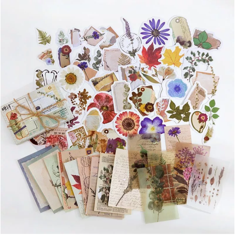 Set of 60 Stickers Mixed with VINTAGE Background Paper