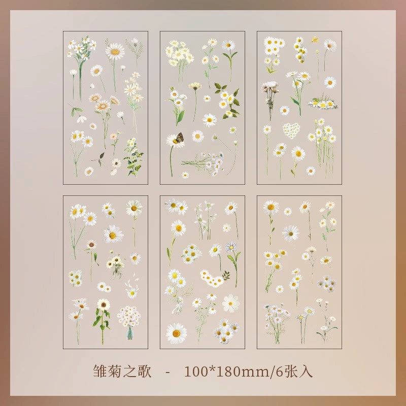 6pcs Scrapbook Stickers Flower Stickers Assorted Plants Transparent PET