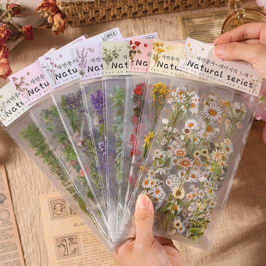 6pcs Scrapbook Stickers Flower Stickers Assorted Plants Transparent PET