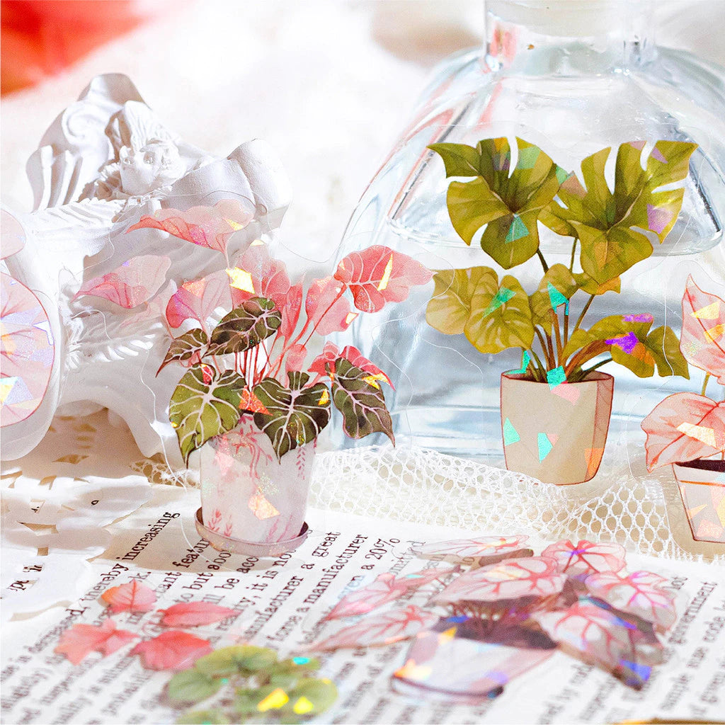 30 pcs/pack Green Plants, Yellow Flowers, Leaf Stickers - Transparent Set of Aesthetic Flower Stickers