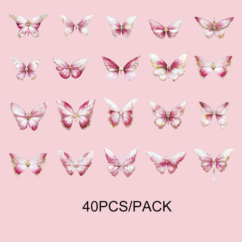 Vintage Butterfly Sticker Set Waterproof PET Rhinestone Crystal Laser Gold Sticker 40pcs/ pack