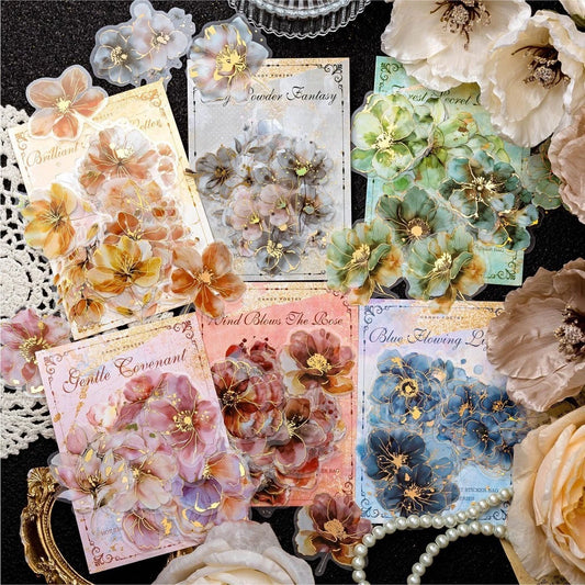 20pcs/ Pack Gold Foil Rose Flower Transparent Stickers