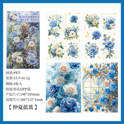 4 Sheets/ Pack Vintage Rose Flower Nature Themed Transparent Stickers - Decorative Decals for Diary