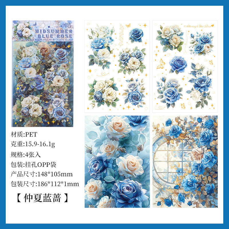 4 Sheets/ Pack Vintage Rose Flower Nature Themed Transparent Stickers - Decorative Decals for Diary