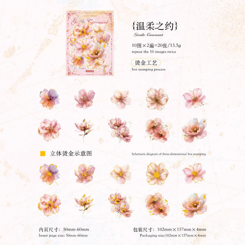 20pcs/ Pack Gold Foil Rose Flower Transparent Stickers