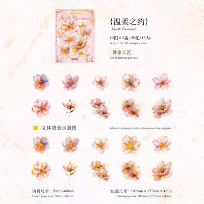 20pcs/ Pack Gold Foil Rose Flower Transparent Stickers