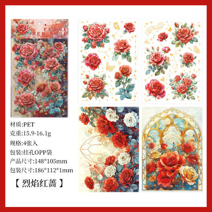 4 Sheets/ Pack Vintage Rose Flower Nature Themed Transparent Stickers - Decorative Decals for Diary