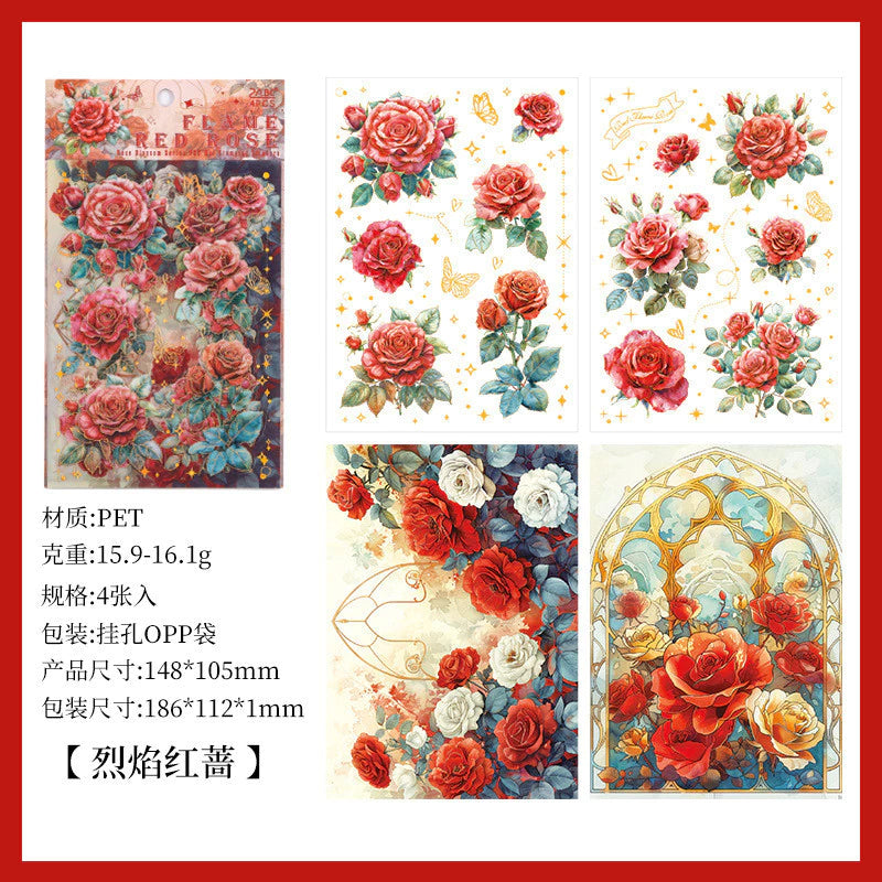 4 Sheets/ Pack Vintage Rose Flower Nature Themed Transparent Stickers - Decorative Decals for Diary