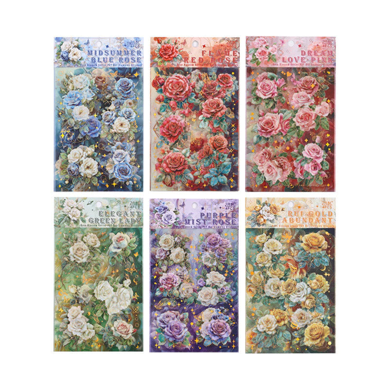 4 Sheets/ Pack Vintage Rose Flower Nature Themed Transparent Stickers - Decorative Decals for Diary