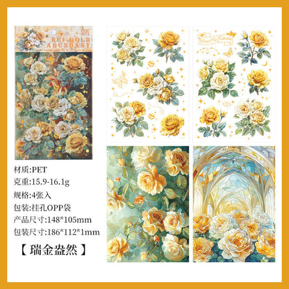 4 Sheets/ Pack Vintage Rose Flower Nature Themed Transparent Stickers - Decorative Decals for Diary
