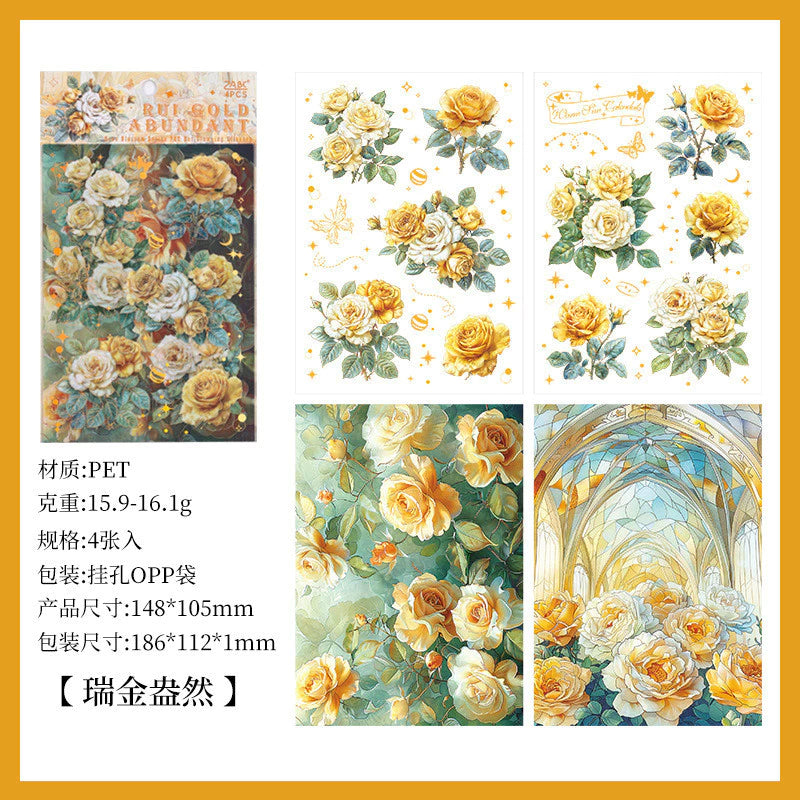 4 Sheets/ Pack Vintage Rose Flower Nature Themed Transparent Stickers - Decorative Decals for Diary