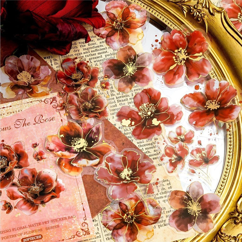 20pcs/ Pack Gold Foil Rose Flower Transparent Stickers