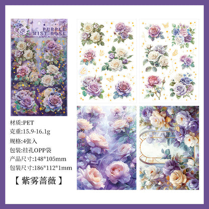 4 Sheets/ Pack Vintage Rose Flower Nature Themed Transparent Stickers - Decorative Decals for Diary