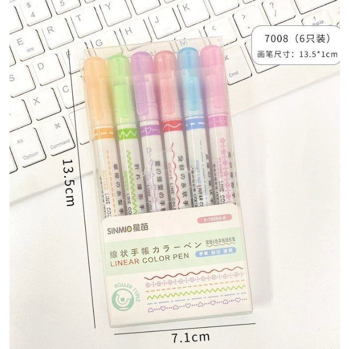 Set of 6 Roller Markers, Line Color Pen - 6 Styles and 6 Colors