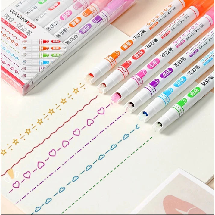 Set of 6 Roller Markers, Line Color Pen - 6 Styles and 6 Colors