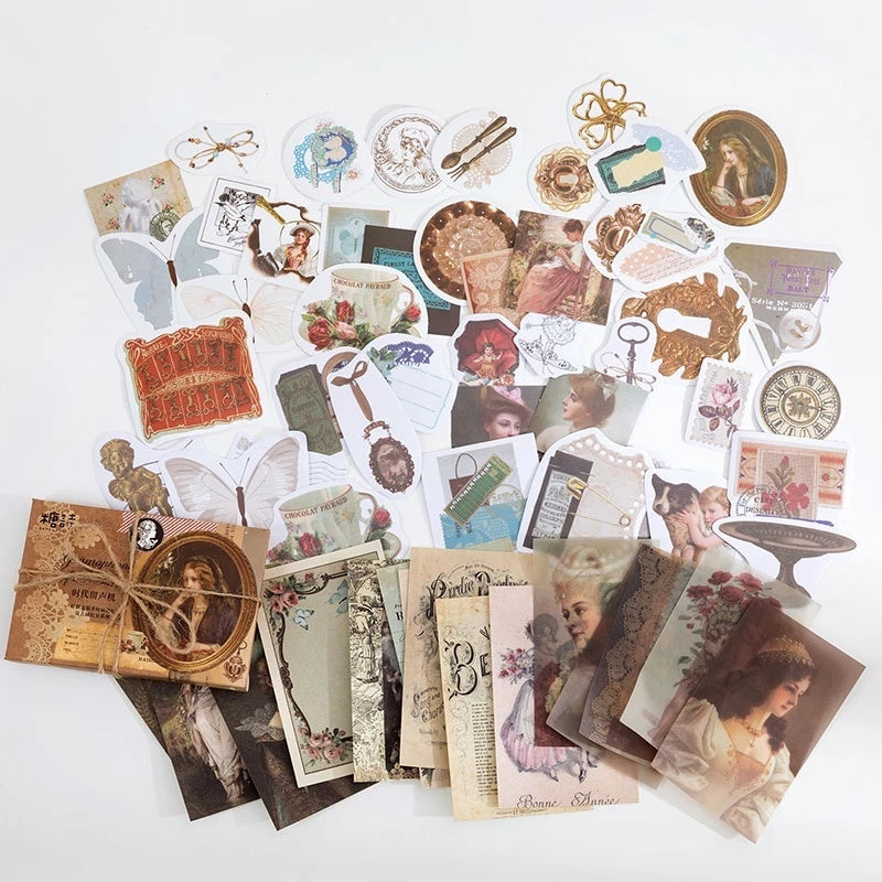 Set of 60 Stickers Mixed with VINTAGE Background Paper