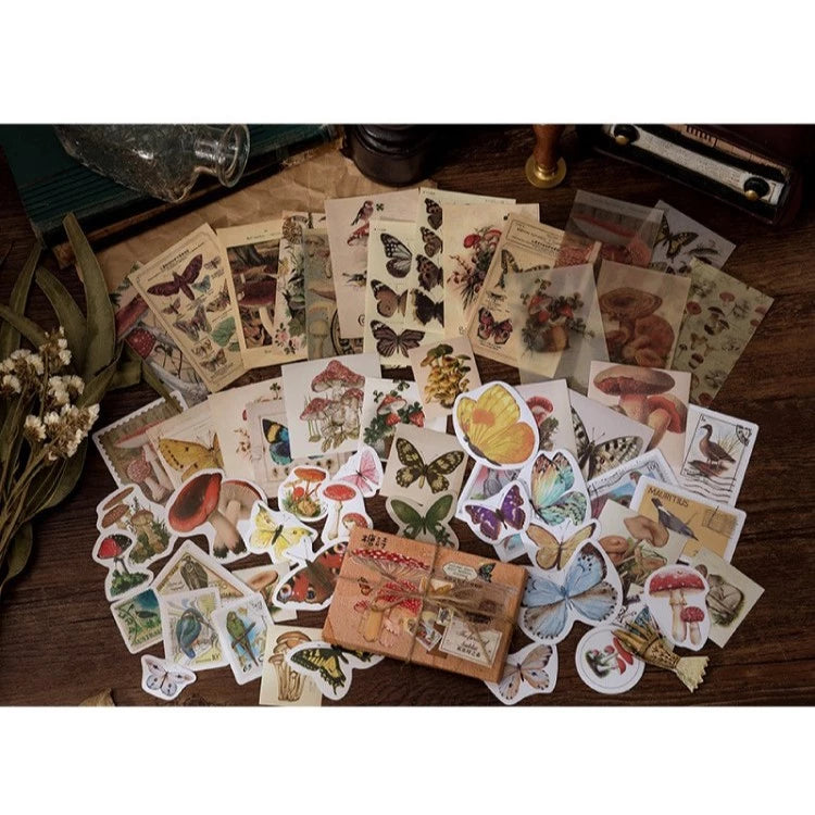 Set of 60 Stickers Mixed with VINTAGE Background Paper