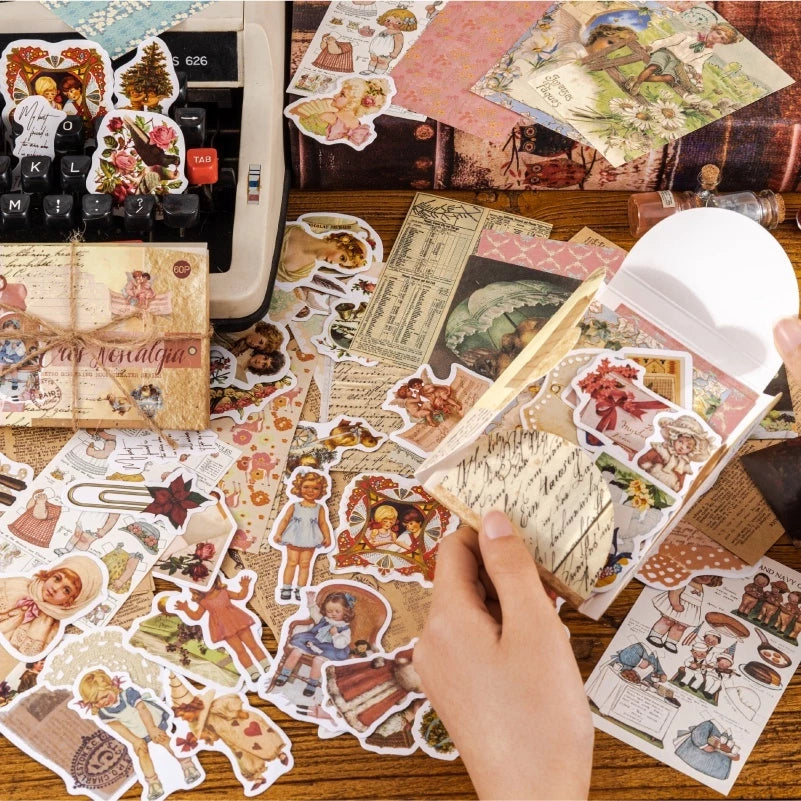 Set of 60 Stickers Mixed with VINTAGE Background Paper